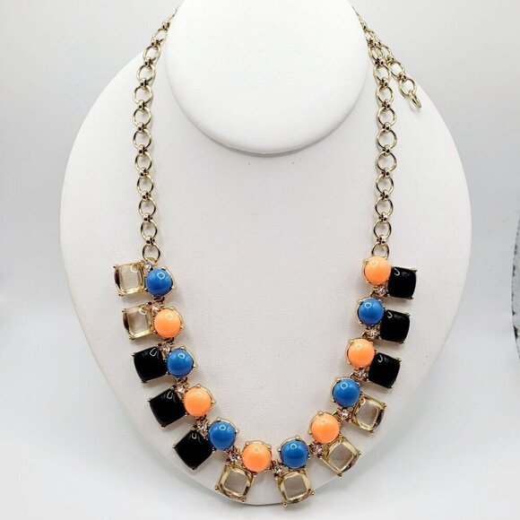 J. Crew Statement Necklace Coral Blue Gold Tone Poured Glass Look SIgned 21.5" - Picture 3 of 9